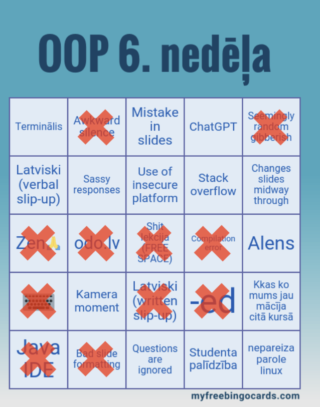Week 6 Bingo Card